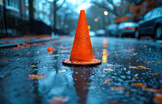 A cone is sitting in a puddle of water. The cone is orange and is on the road photo