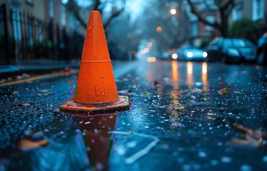 A cone is sitting in a puddle of water on a street. The scene is rainy and the cone is orange photo