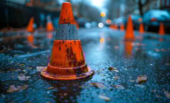 A cone is sitting in a puddle of water. The cone is orange and has a white stripe photo