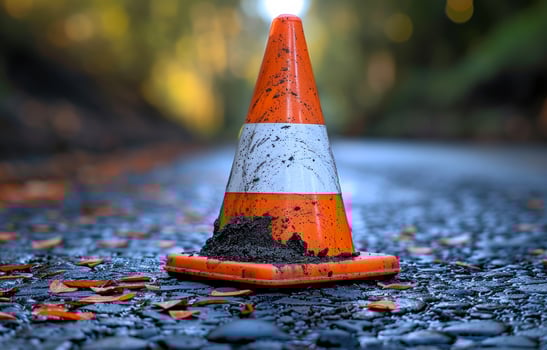 A dirty orange cone is on the road. The cone is in the middle of the road and is surrounded by leaves photo