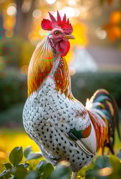 A rooster with a red beak stands in a field of green grass. The rooster is surrounded by leaves and bushes photo