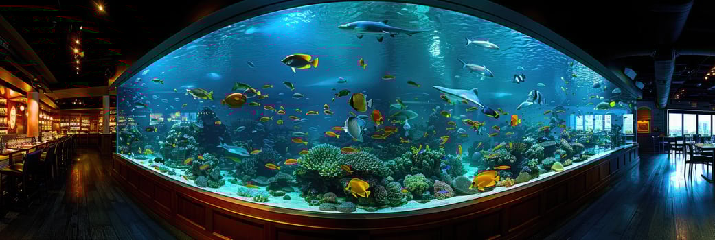 Enjoy a vibrant aquarium with beautiful fish and corals, enhancing a delightful dining experience photo