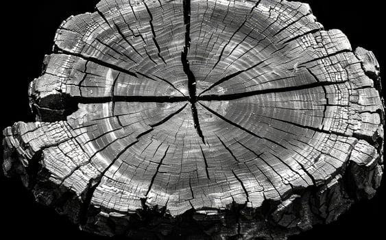 A large piece of wood with a hole in the middle. The wood is split into four pieces photo