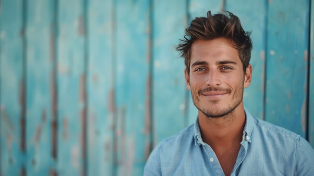 Young Man Smiling Against a Blue Wooden Wall in Daylight photo