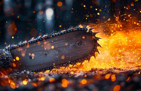 A chainsaw is shown with its chain and teeth exposed photo