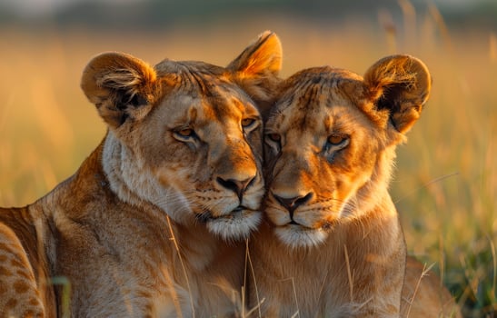 Two lions are laying down next to each other in the grass photo