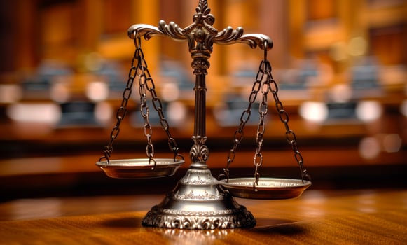 A pair of scales sits on a wooden table. The scales are silver and have a chain hanging from them. photo