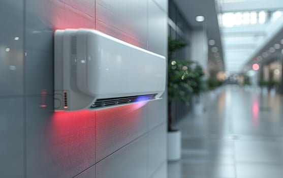 A white air conditioner with red lights on it photo