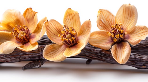 Three orange flowers are on a wooden branch photo