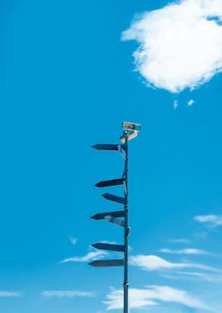 Blank directional road signs against blue sky. Directional sign post. photo