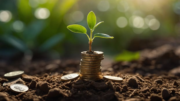 A seedling sprouting on a coin on the ground symbolizes green investment and financial growth highlighting the idea of raising funds for sustainable investments photo