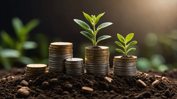 A seedling sprouting on a coin on the ground symbolizes green investment and financial growth highlighting the idea of raising funds for sustainable investments photo