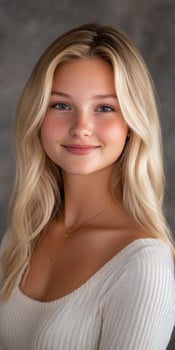 College blonde woman smiling in casual attire indoors photo