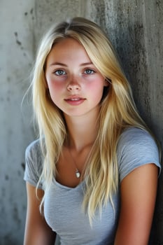 Blonde college student posing in a casual grey shirt indoors photo