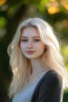 College girl with blonde hair smiling outdoors in springtime light photo