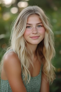 College girl with blonde hair smiling outdoors during sunny afternoon photo