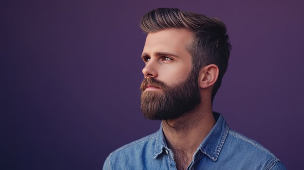 Young man with a beard wearing a denim shirt against a purple background in a thoughtful pose photo