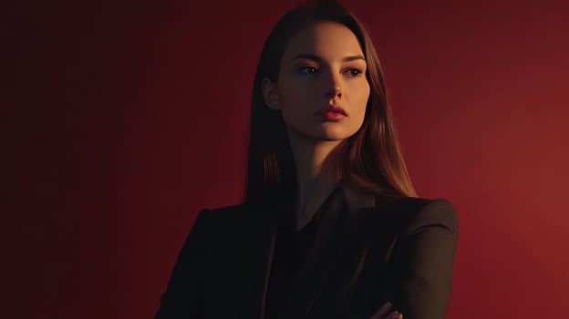 A confident woman in a tailored suit standing against a dark red backdrop during an indoor photoshoot photo