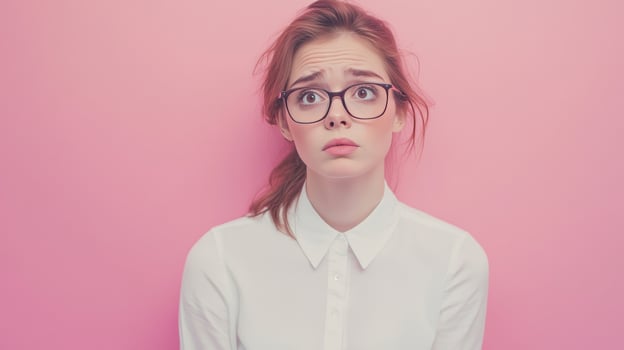 Young woman with glasses looking concerned against a pink background, expressing uncertainty or confusion photo