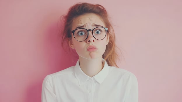 Young woman with glasses making a puzzled expression against a pink background photo