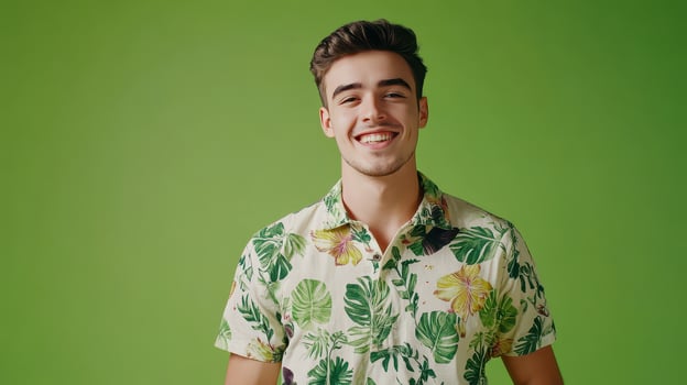Young man smiling in a tropical shirt against a vibrant green background photo