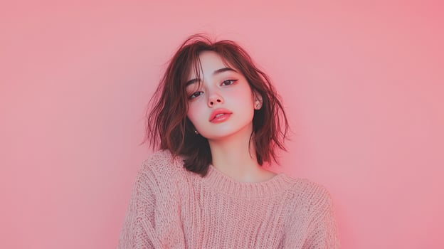 Young woman with soft features poses against a pink background wearing a cozy sweater during daylight photo