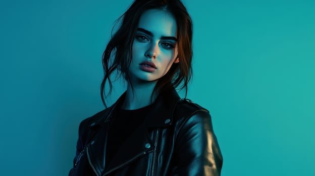 A young woman poses confidently in a leather jacket against a blue-green backdrop in an urban setting during evening hours photo