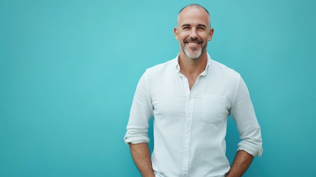 A smiling man in a white shirt poses confidently against a bright turquoise background in a casual outdoor setting photo