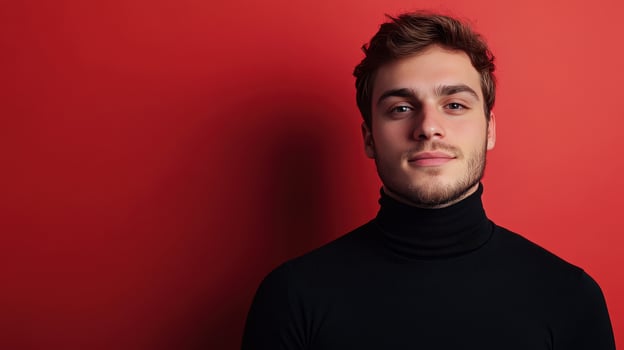 A young man poses confidently against a vibrant red background wearing a black turtleneck, showcasing a relaxed expression photo