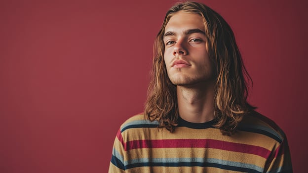 Young man with long hair poses against a solid red background wearing a striped sweater indoors, showcasing a calm expression in natural light photo