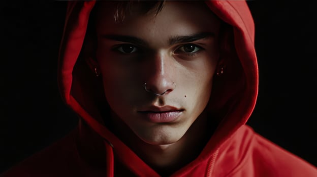 Portrait of a young man wearing a red hoodie in low light, showcasing intense expression and urban style photo