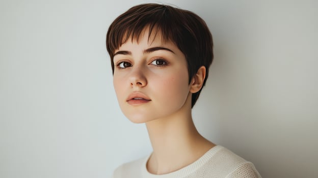 Young woman with short hair poses elegantly against a neutral background, showcasing natural beauty and style in soft lighting photo