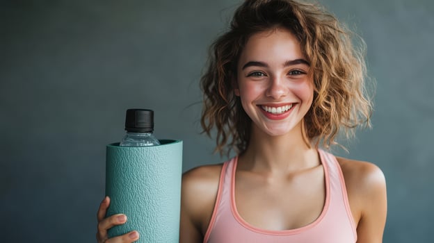 Young woman smiling while holding a reusable water bottle in a fitness setting against a neutral background photo