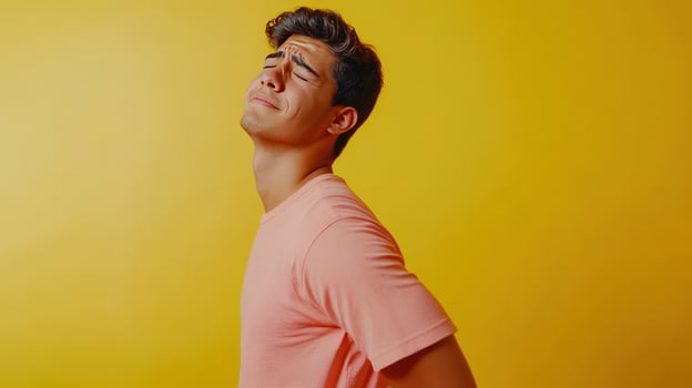 Young man with a pained expression standing against a bright yellow background while experiencing discomfort in his back photo