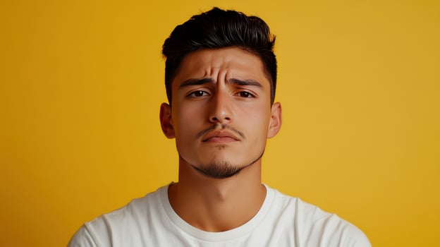 Young man poses against a bright yellow background, expressing contemplation in casual attire during daylight photo