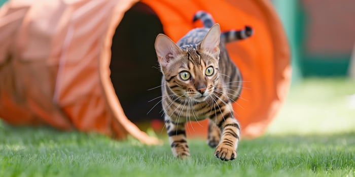 Bengal Cat Playing Outdoors with Orange Tunnel on Green Grass photo