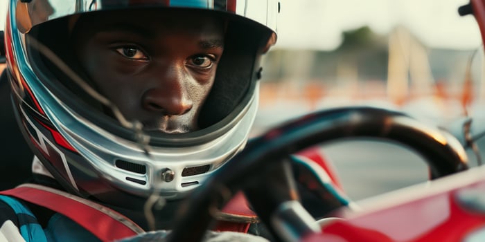 Focused Race Car Driver Wearing Helmet Preparing for Competitive Motorsports Event photo