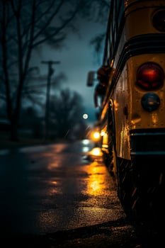 Moody School Bus on Wet Night Street with Reflections and Headlights photo