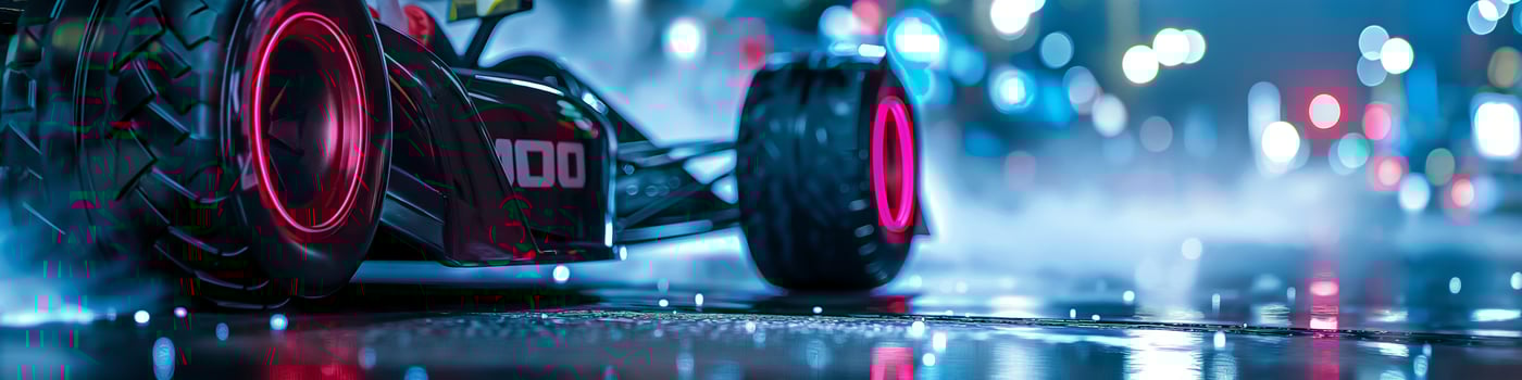 Futuristic Race Car on NeonLit Street at Night with Blurred City Lights photo