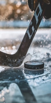 Outdoor Ice Hockey Closeup Stick Hitting Puck with Splash in Winter Sunlight photo