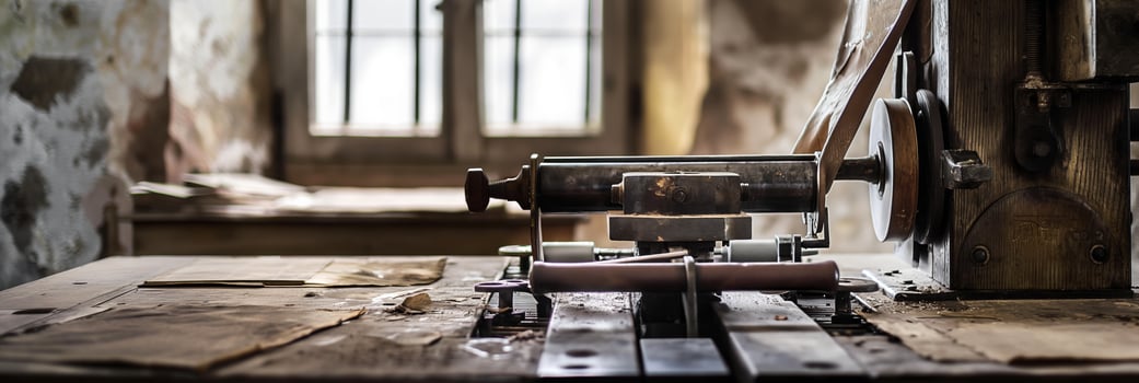 Vintage Printing Press in Historical Workshop with Sunlight Coming Through Window photo