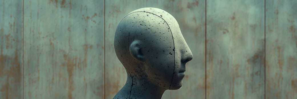 Abstract Concrete Sculpture of a Head Against a Weathered Wooden Background photo
