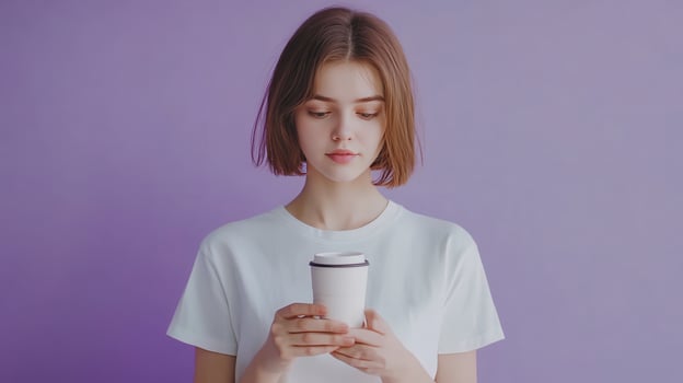 Young woman holding a disposable coffee cup in front of a purple background on a bright day photo