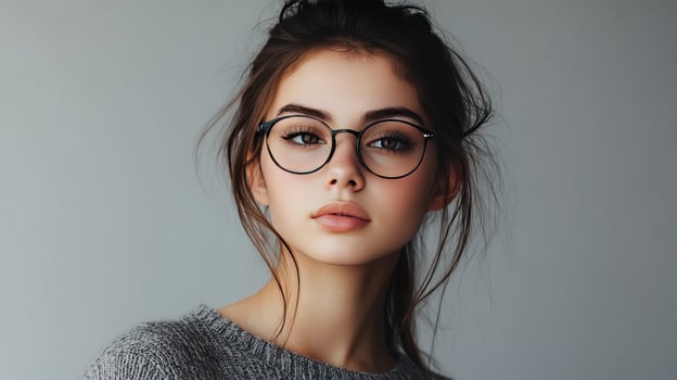 Young woman with glasses wearing a cozy sweater posing against a neutral background indoors photo