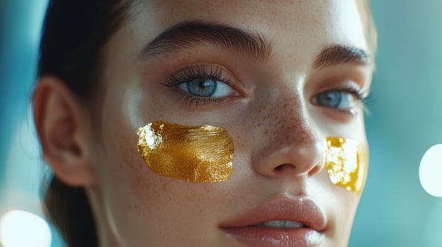 Young woman with golden facial masks during a skincare routine indoors in bright light photo