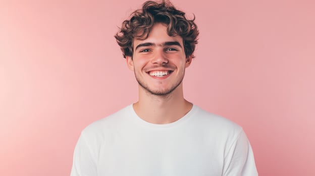 Young man smiling against a pink background in a casual white t-shirt during daylight photo