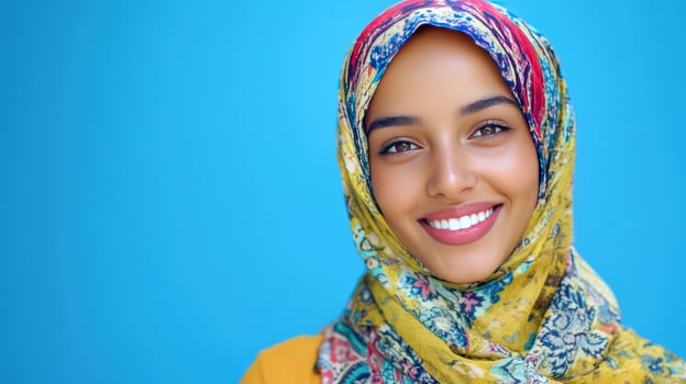 Smiling woman wearing a colorful scarf against a bright blue background in natural light photo