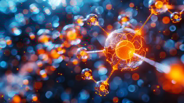 3d render of orange molecule or atom nano research chemical cellular structure under microscope. Medicine and science and microbiology in laboratory. Ai-generated photo