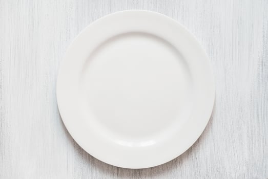 White round plate on white background. Empty white plate on white background. photo
