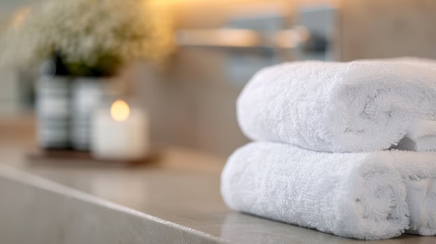 Neatly Rolled White Towels on a Bathroom Counter in a Modern Interior Setting photo